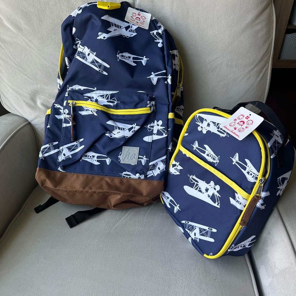 NWT Hanna Andersson Navy Backpack and Lunch Bag Set with Airplane Print
